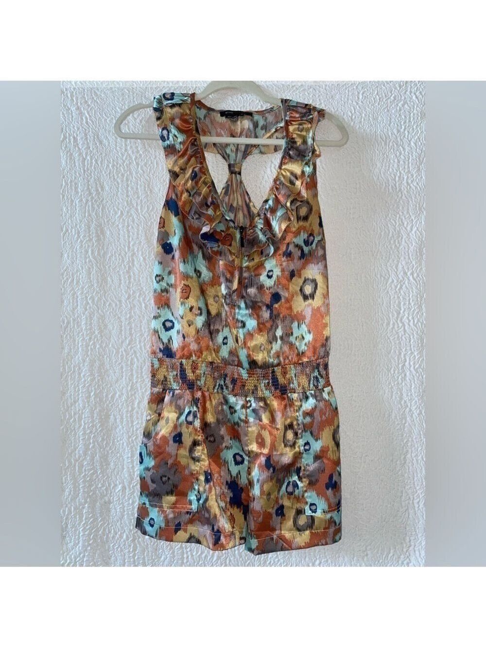 BCBGMAXAZRIA Sleeveless Racerback Ruffled Collar Shorts Romper
